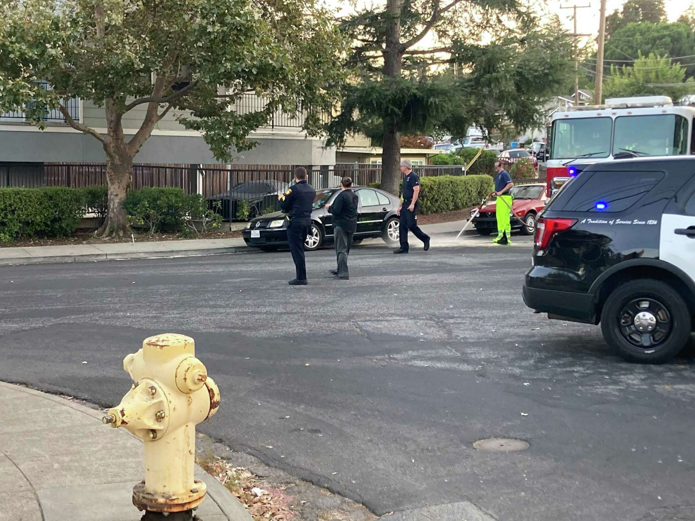 A firefighter hoses off the street in San Carlos where a woman was reportedly beheaded. Police have arrested a man she had gotten a temporary restraining order against. Joel Umanzor/The Chronicle