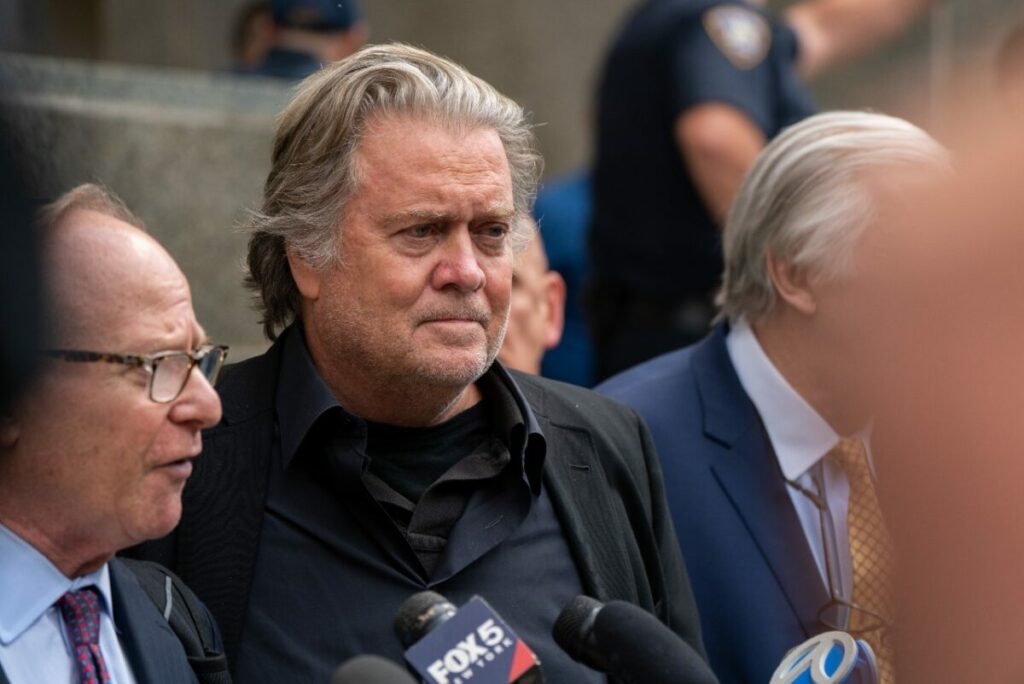 Steve Bannon, former advisor to former President Donald Trump speaks to members of the media after his arrangement in NYS Supreme Court in New York City, on Sept. 8, 2022. (David Dee Delgado/Getty Images)