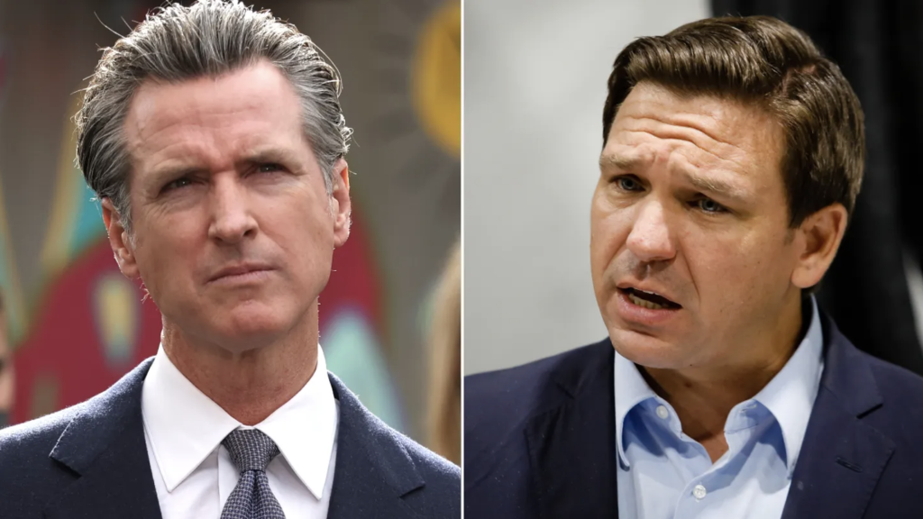 Parents of Mr Newsom’s wife, Kenneth F Siebel Jr and Judith A Siebel, contributed $5,000 to the Friends of Ron DeSantis PAC
