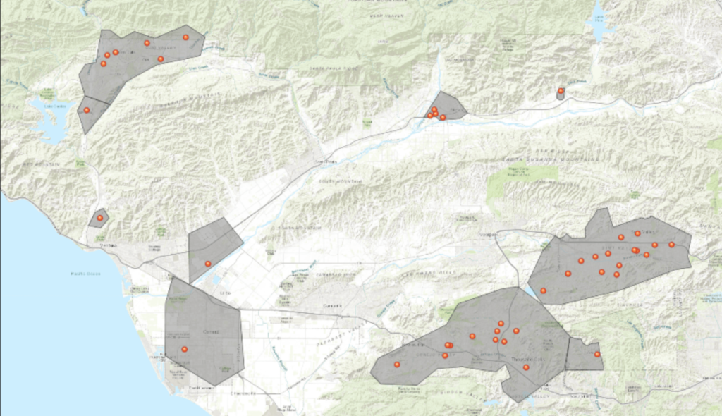 Orange dots show the locations of Aedes aegypti detections in Ventura County. Approximate Aedes infestation areas are shown in gray