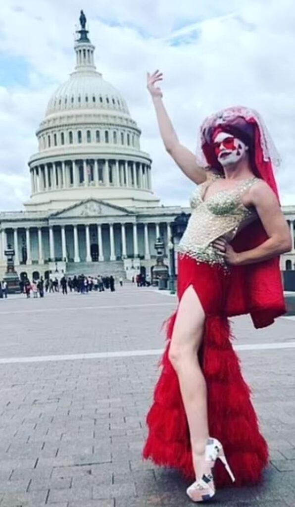 Brinton, pictured in drag outside the Capitol 